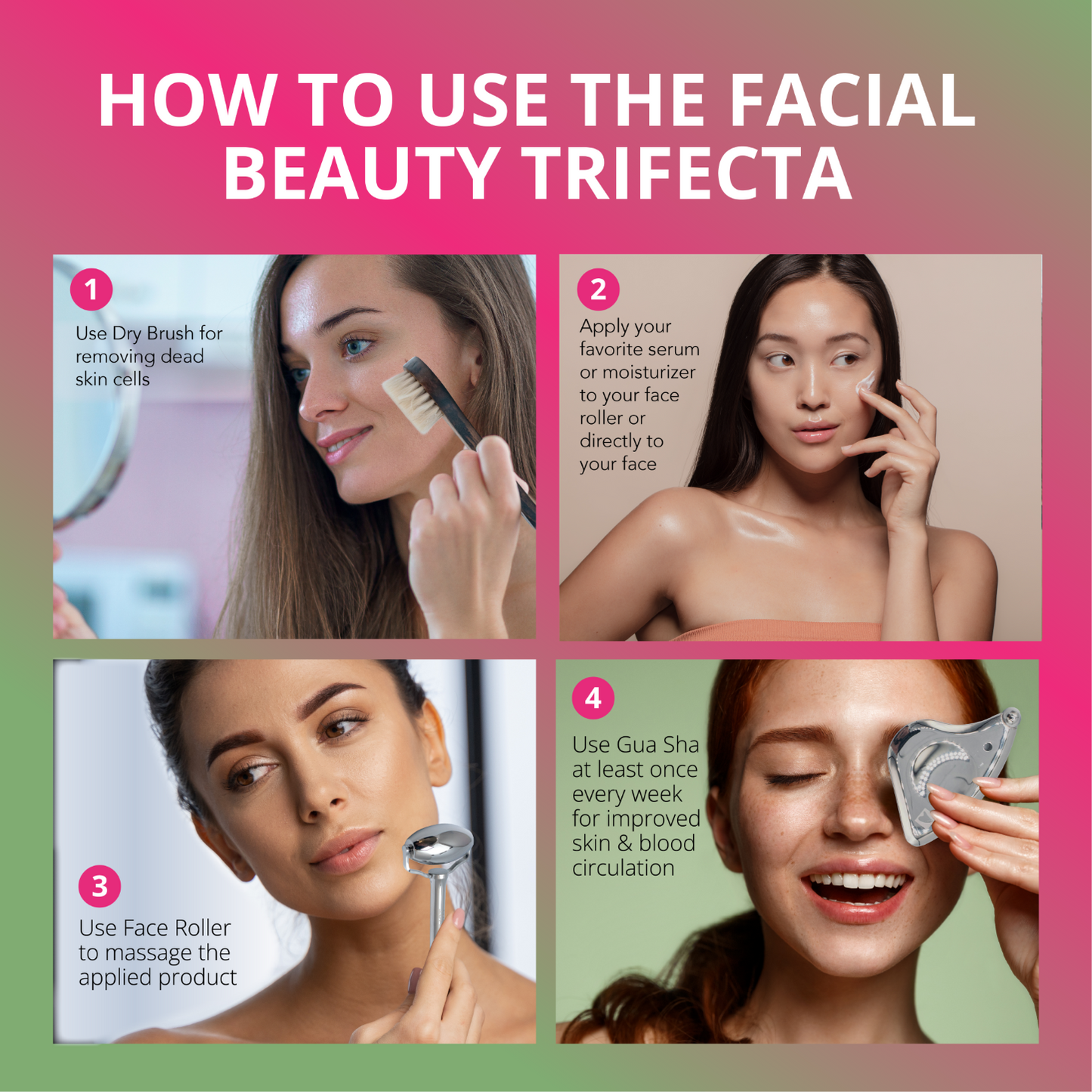 Gua Sha Facial Tools Beauty Trifecta Kit with Stainless Steel Face Roller Massager, Dry Brush, Upgrade from Your Jade Roller Stone Guasha Tool, Beauty Tools Accessories